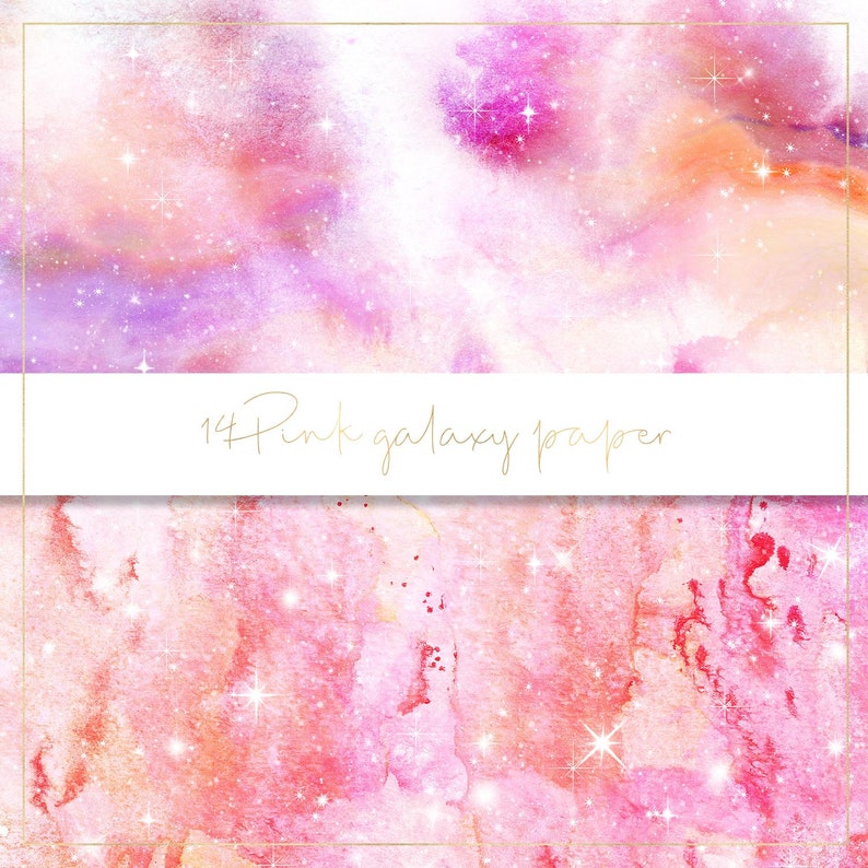 May include: Pink and orange watercolor galaxy background with white stars. The text "14 Pink galaxy paper" is written in gold script.