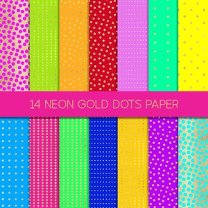 Papier numérique néon à pois dorés, papier sans couture, papier doré à pois, fond néon, pois roses néon, fond vert néon, motif géométrique
