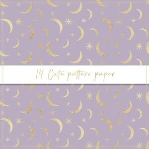 Papier numérique à motif mignon, papier sans couture, coeurs dorés, fond pastel, lune et étoiles dorées, papillons, coeurs métalliques, pois image 3
