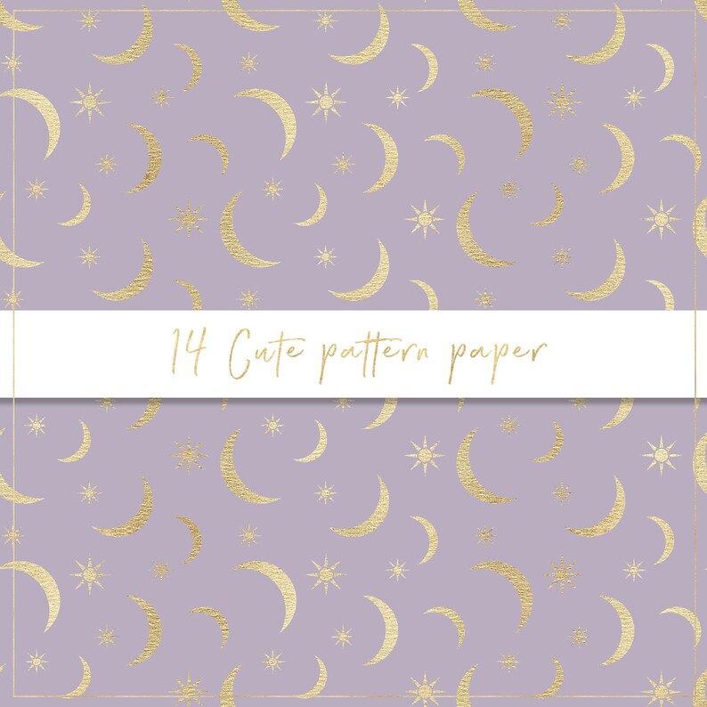 Papier numérique à motif mignon, papier sans couture, coeurs dorés, fond pastel, lune et étoiles dorées, papillons, coeurs métalliques, pois image 3