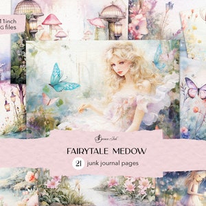 Fairytale meadow journal pages, pastel pink wildflower, forest fairy scrapbook, whimsical background, romantic notebook, pink princess paper