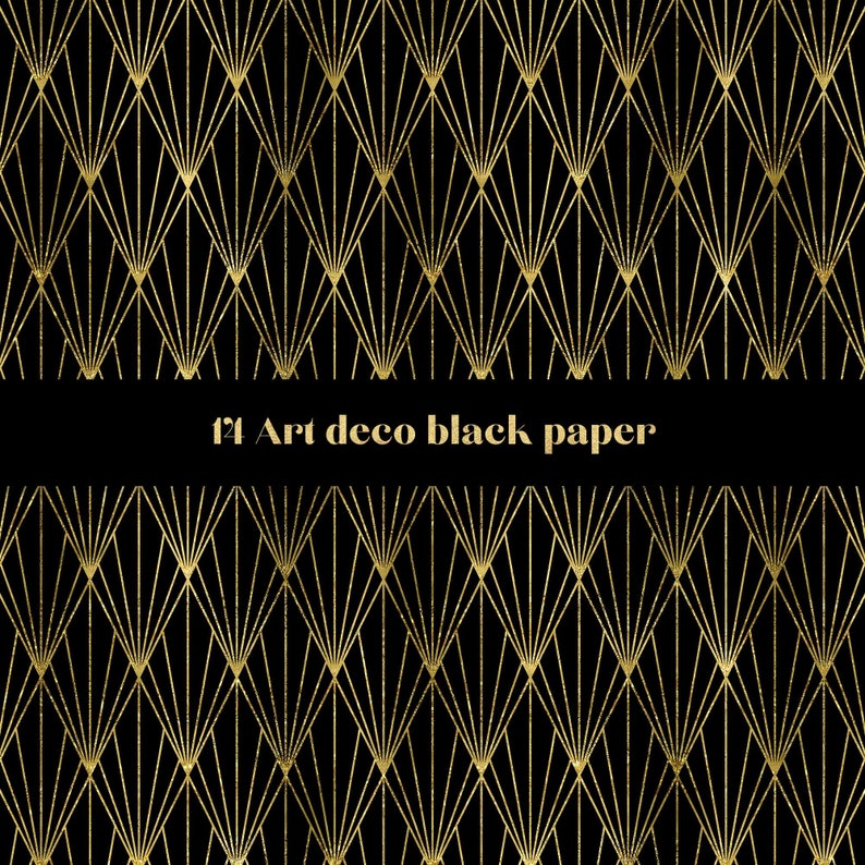 May include: Black and gold art deco pattern with the text "f1 Art deco black paper" in the center.