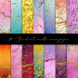 May include: 14 digital papers featuring gradient marble textures with gold veins. The papers are in various colors, including pink, blue, yellow, orange, and purple.