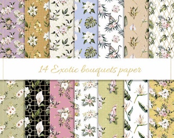 May include: A set of 14 digital paper designs featuring exotic floral bouquets, tropical leaves, and geometric patterns in a variety of colors, including pink, green, yellow, and blue. The papers are perfect for crafting, scrapbooking, and digital design projects.