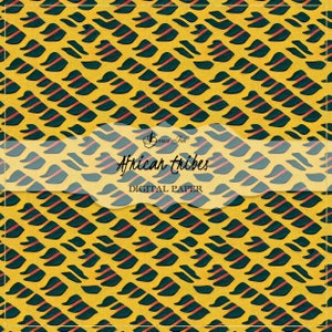 May include: A digital paper pattern with a yellow background and a repeating pattern of dark green and red shapes. The text "African Tribes" is in the center of the image.