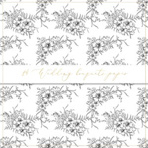 May include: A seamless pattern featuring black and white line drawings of wedding bouquets. The text "14 Wedding bouquets paper" is at the top of the image.