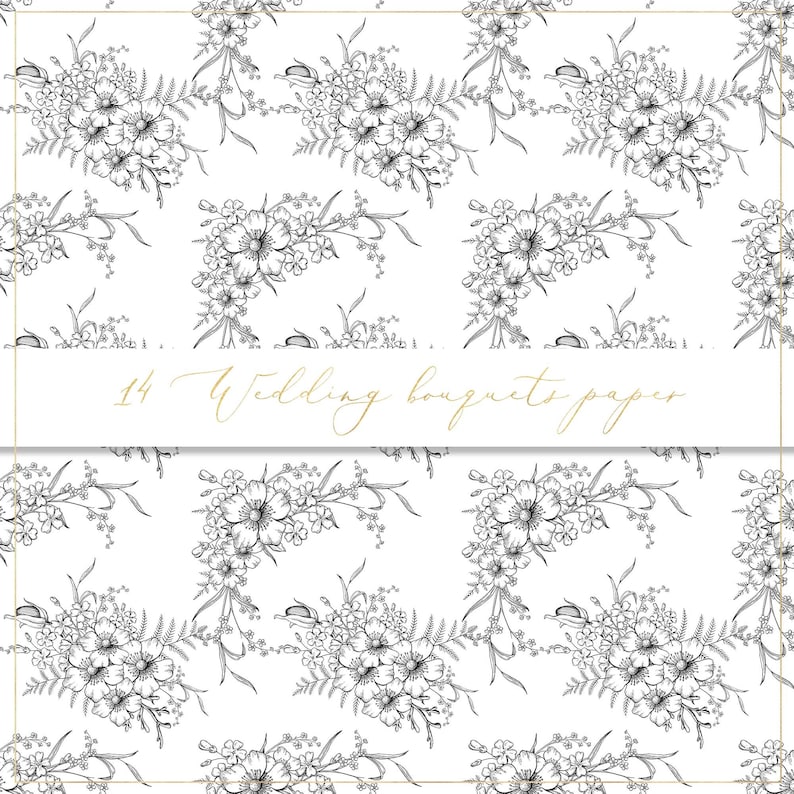 May include: A seamless pattern featuring black and white line drawings of wedding bouquets. The text "14 Wedding bouquets paper" is at the top of the image.