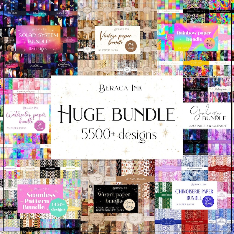 May include: A collage of digital paper bundles for graphic design. The bundles include a variety of themes, such as solar system, vintage, rainbow, watercolour, galaxy, seamless patterns, wizard, and chinoiserie. The text "HUGE BUNDLE 5500+ designs" is in the centre of the image.