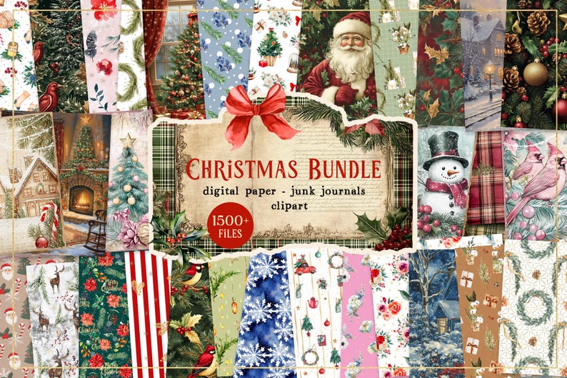 K&ouml;nnte beinhalten: Ein digitales Papier- und Clipart-Paket mit Weihnachtsmotiven. Das Paket enth&auml;lt &uuml;ber 1500 Dateien mit Bildern von Schneem&auml;nnern, Kardin&auml;len, karierten Mustern und vielem mehr.