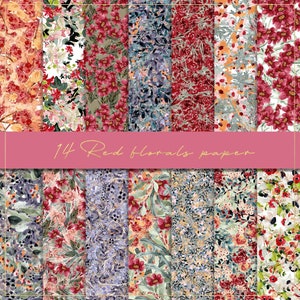 Rote Blumen, digitales Papier, rosa Blumenmuster, Blumenhintergrund, niedliche Blumen, Hochzeitseinladung, Blätter Hintergrund, druckbares Papier