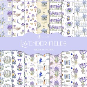 May include: A set of 10 digital papers featuring watercolor illustrations of lavender flowers, birds, bicycles, and other floral elements. The papers are perfect for scrapbooking, card making, and other crafting projects.