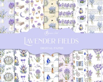 Lavender fields digital paper, seamless pattern, watercolor lavender flowers, purple backdrop, Provence fabric design, summer scrapbook