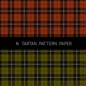 May include: Two seamless plaid patterns, one in orange and brown, the other in green and black. The text "14 Tartan Pattern Paper" is displayed in white on a black background.