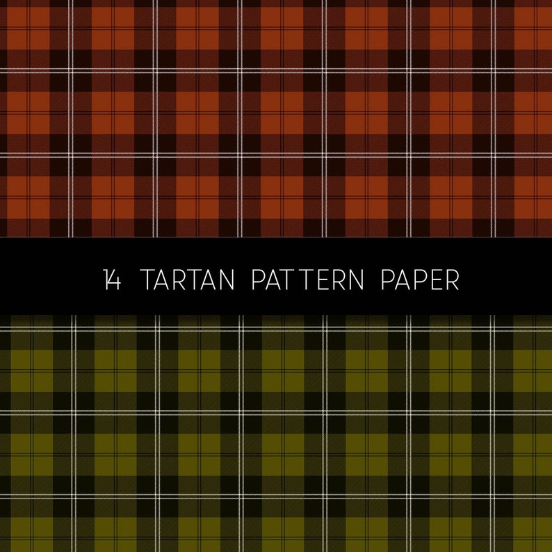 May include: Two seamless plaid patterns, one in orange and brown, the other in green and black. The text "14 Tartan Pattern Paper" is displayed in white on a black background.