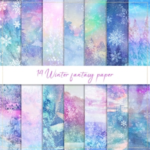 May include: A collection of 14 winter fantasy paper designs. Each design features a unique watercolor background with snowflakes, trees, and mountain scenes in shades of blue, purple, and pink. The text "14 Winter fantasy paper" is written in a cursive font.