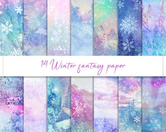 Può includere: Una collezione di 14 design di carta fantasy invernale. Ogni design presenta uno sfondo ad acquerello unico con fiocchi di neve, alberi e paesaggi montani in tonalità di blu, viola e rosa. Il testo "14 Winter fantasy paper" è scritto in corsivo.