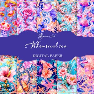 May include: A set of 12 digital papers featuring whimsical underwater scenes. The papers feature a variety of sea creatures, including jellyfish, starfish, and seashells, in a vibrant color palette of pink, blue, and green.