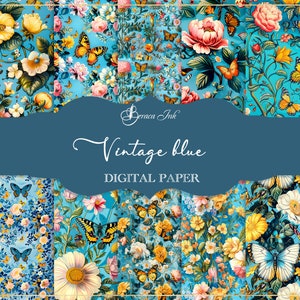 Vintage blue digital paper, seamless pattern, floral wallpaper, shabby chic background, vintage roses fabric repeat paper, scrapbook paper