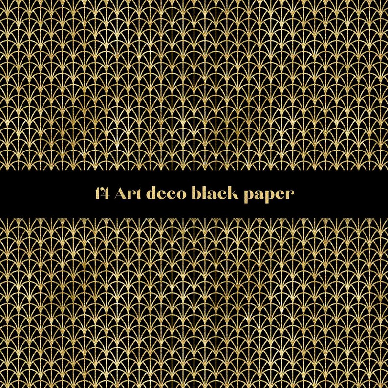 May include: A black and gold geometric pattern with the text "Art deco black paper" in white.