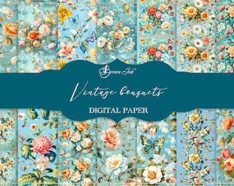 Vintage boeketten digitaal papier, naadloos bloemenpatroon, oud bloemenbehang, botanisch dagboek, vintage rozen achtergrond, blauw plakboek