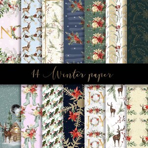 Winter Christmas Digital Paper Pack, Gold Poinsettia, Wreath (Digital Download)