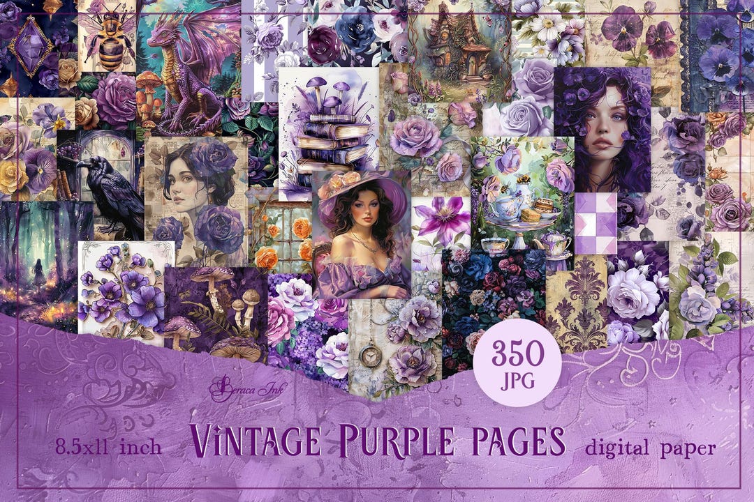 Vintage Purple Junk Journal Pages Bundle, Flowers Digital Paper ...