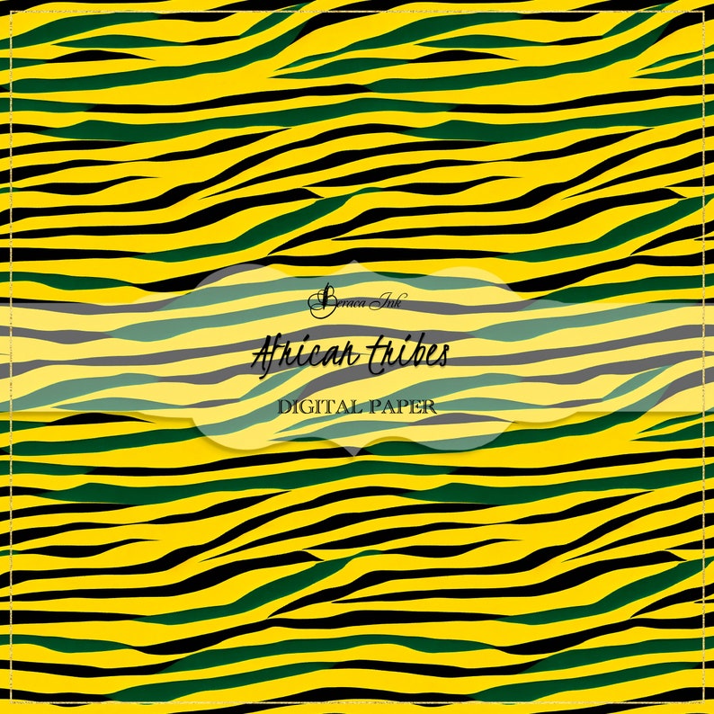 May include: Digital paper featuring a yellow and green zebra stripe pattern. The text "African Tribes" is in a white banner with a gray striped background.