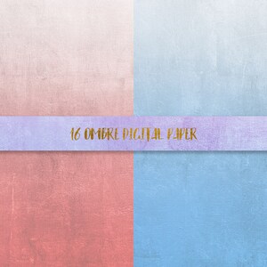 K&ouml;nnte beinhalten: Ein digitales Papierpaket mit 16 Farbverl&auml;ufen im Ombre-Stil. Die Farben sind rosa, rot, blau und hellblau. Der Text "16 OMBRE DIGITAL PAPER" ist in Gold auf einem lila Banner geschrieben.