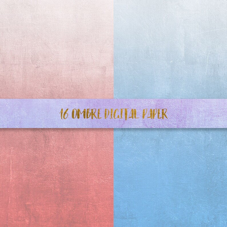 K&ouml;nnte beinhalten: Ein digitales Papierpaket mit 16 Farbverl&auml;ufen im Ombre-Stil. Die Farben sind rosa, rot, blau und hellblau. Der Text "16 OMBRE DIGITAL PAPER" ist in Gold auf einem lila Banner geschrieben.