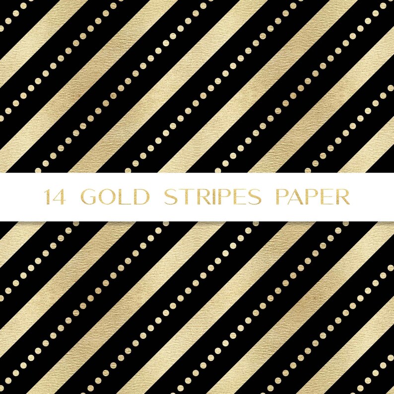 May include: A seamless pattern of 14 gold stripes with black polka dots on a black background.  The stripes are diagonal and the polka dots are evenly spaced.