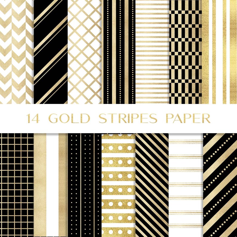 May include: A set of 14 digital papers featuring black and gold stripes, polka dots, and geometric patterns.  The papers are perfect for scrapbooking, card making, and other craft projects.