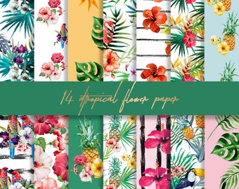 Tropical digital paper, summer digital paper, flower paper, summer paper, aloha paper, pineapple digital paper, hibiscus palm paper