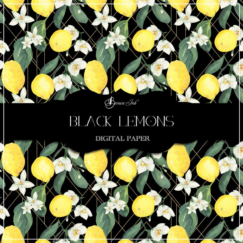 Black Lemons Digital Paper, Seamless Pattern, Black Watercolor Lemons ...