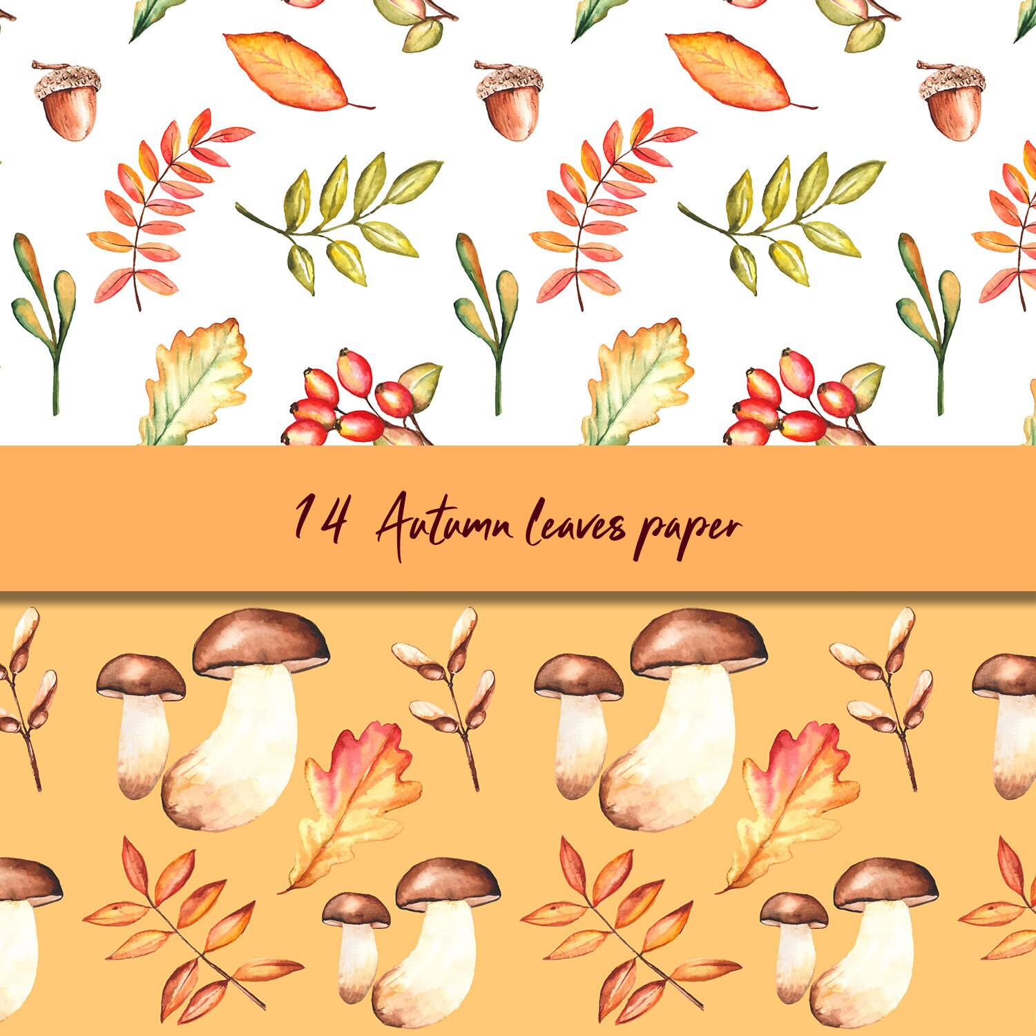 Autumn Leaves Digital Paper, Watercolor Autumn Paper, Cotton Flower ...