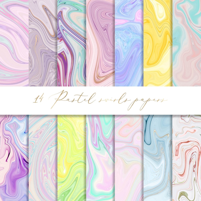 K&ouml;nnte beinhalten: 14 digitale Papiere mit pastellfarbenen Wirbeln in den Farben Rosa, Lila, Blau, Gelb und Gr&uuml;n. Die Papiere eignen sich perfekt f&uuml;r Scrapbooking, Kartenherstellung und andere Bastelprojekte.