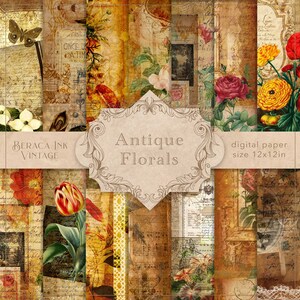 Papel digital con motivos florales antiguos, botánica vintage, documentos antiguos, cartas escritas a mano, álbumes de recortes efímeros, manualidades, páginas de diario basura, rosas