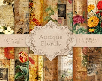 Antique florals digital paper, vintage botanicals, old documents, handwritten letter, ephemera scrapbook, crafting, junk journal pages, rose