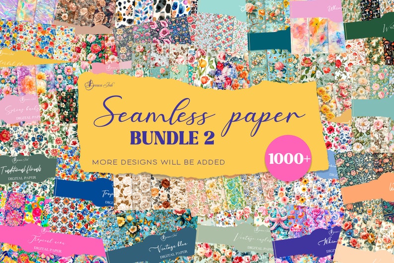 K&ouml;nnte beinhalten: Eine Collage aus &uuml;ber 1000 digitalen Papieren mit Blumenmustern. Die Papiere zeigen eine Vielzahl von Farben und Designs, darunter traditionelle Blumen, tropische Blumen, Vintage-Blumen und mehr. Der Text "Seamless paper BUNDLE 2" und "MORE DESIGNS WILL BE ADDED" wird auf einem gelben Hintergrund angezeigt.