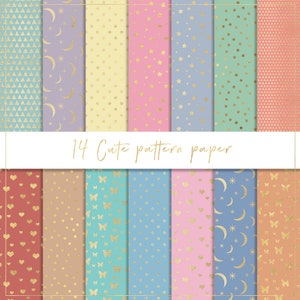 Papier numérique à motif mignon, papier sans couture, coeurs dorés, fond pastel, lune et étoiles dorées, papillons, coeurs métalliques, pois image 1