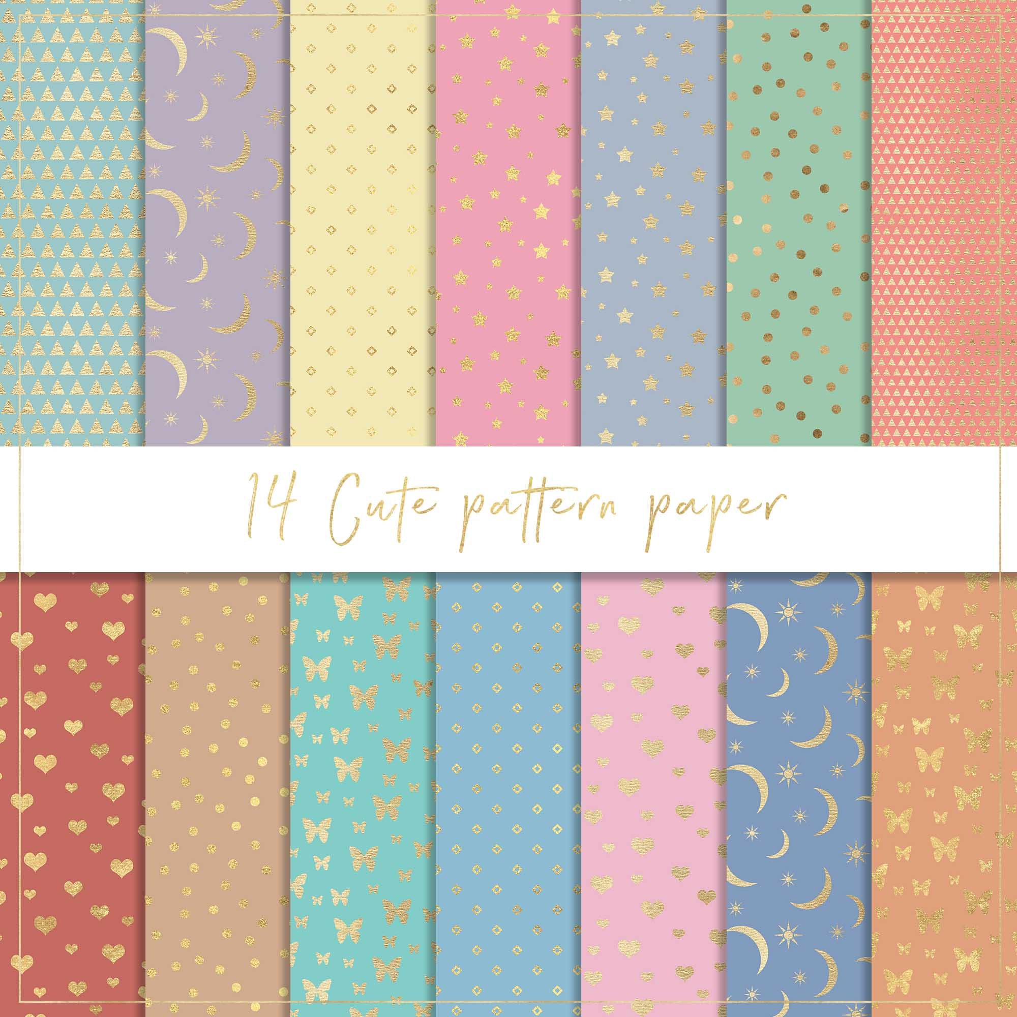Cute Pattern Digital Paper, Seamless Paper, Gold Hearts, Pastel Background,  Gold Moon and Stars, Butterflies, Metallic Hearts, Polka Dots - Etsy Israel, image size:2000x2000