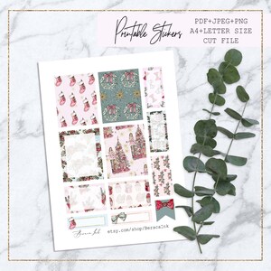 May include: Printable Christmas stickers in A4 and letter size. The stickers feature a variety of designs, including wreaths, stockings, Christmas trees, and presents. The stickers are perfect for adding a festive touch to your planner, journal, or gifts.