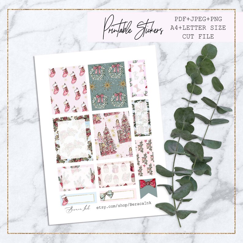 May include: Printable Christmas stickers in A4 and letter size. The stickers feature a variety of designs, including wreaths, stockings, Christmas trees, and presents. The stickers are perfect for adding a festive touch to your planner, journal, or gifts.