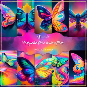 Psychedelic butterflies digital paper, colorful background, pink butterflies scrapbooking, rainbow butterfly paper, junk journal supplies image 1