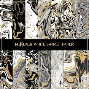 May include: A set of 14 digital papers featuring black, white, and gold swirls. The papers have a marbleized effect and are perfect for crafting projects, scrapbooking, and digital design.