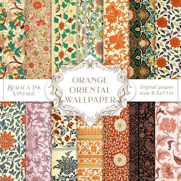 Orange orientalisches digitales Papier, botanische Tapete mit William Morris Muster, floraler Hintergrund, Vintage Papier, Jugendstil