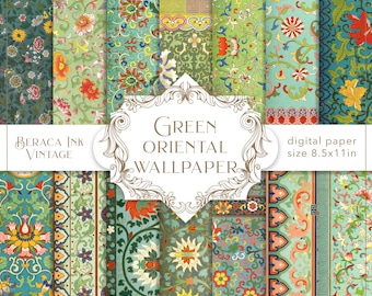 Papier numérique oriental vert, papier peint à fleurs, motif William Morris, arrière-plan botanique, toile de fond vintage, format lettre, journal indésirable