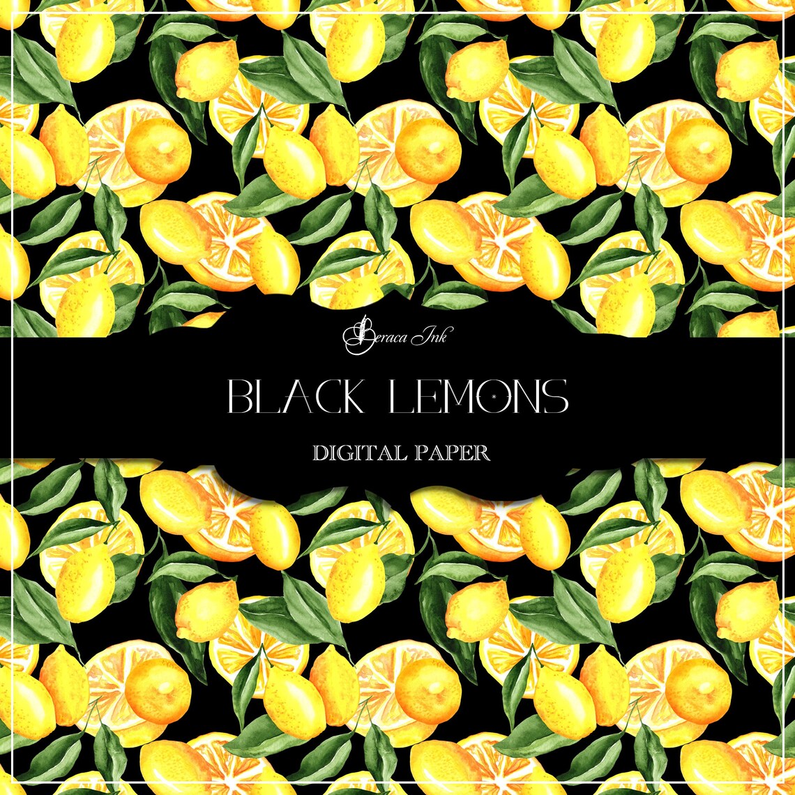 Black Lemons Digital Paper, Seamless Pattern, Black Watercolor Lemons ...