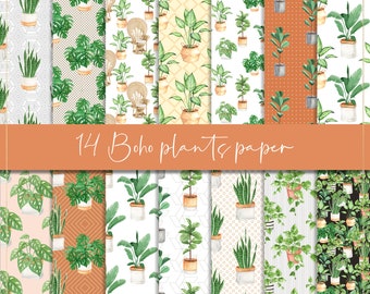 Boho plants digital paper, seamless paper, potted plants, indoor plants wallpaper, home plants backdrop, bohemian decor, neutral plants