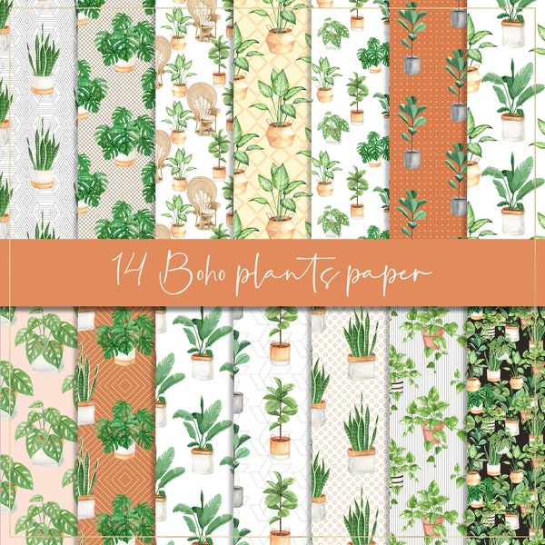 Papel digital de plantas boho, papel sin costuras, plantas en macetas, papel pintado de plantas de interior, telón de fondo de plantas caseras, decoración boho, plantas neutras