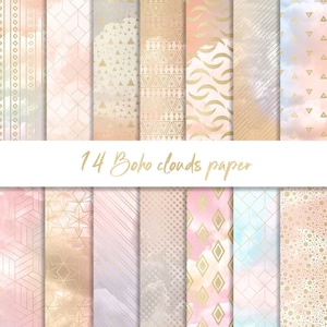 Papel digital de nubes boho, fondo neutro, patrón geométrico dorado, textura tribal, papel boho, patrón étnico, papel pastel